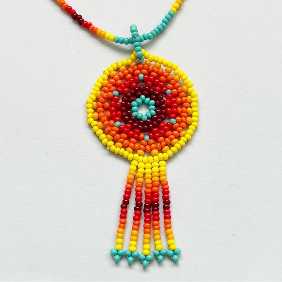 Striking Colorful Beaded Medallion Necklace - Picture 9 of 10